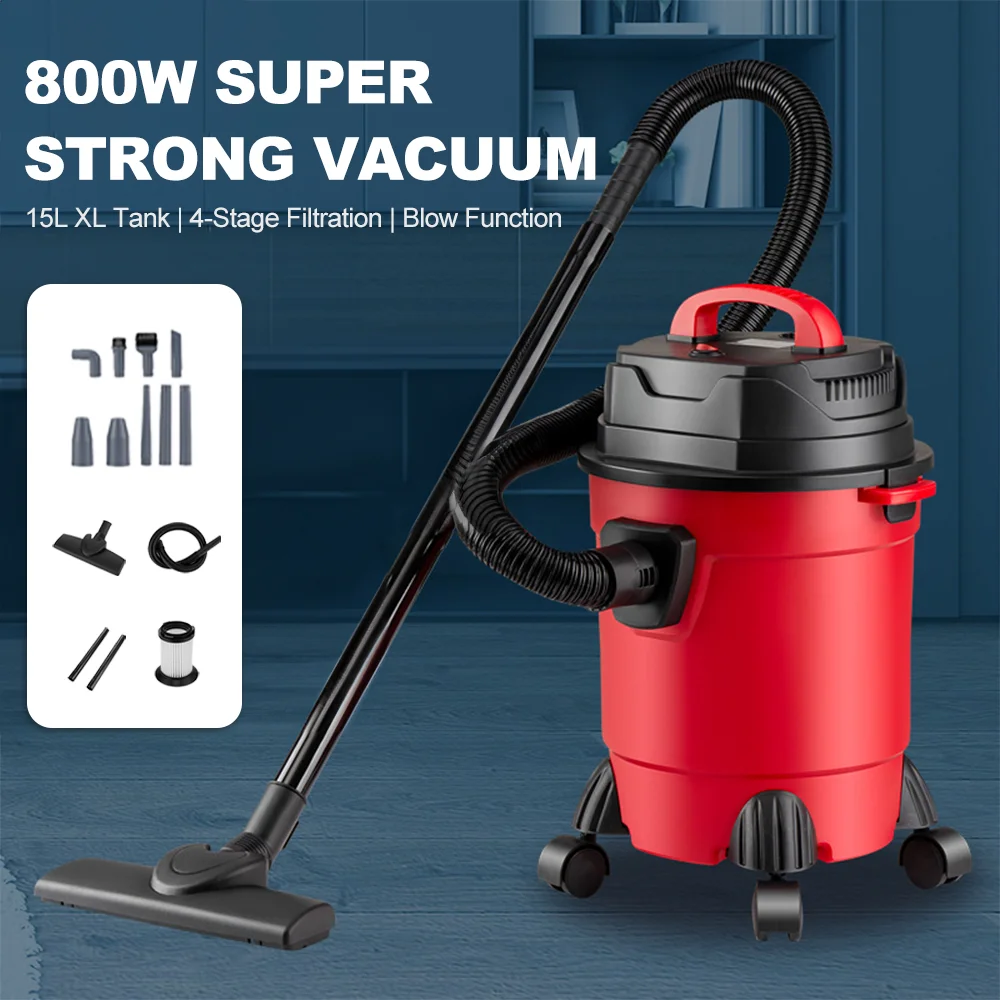 مكنسة كهربائية للغبار الجاف/الرطب سعة 15 لتر، سلك 4 أمتار، وظيفة نفخ محمولة، تصميم دلو كبير للاستخدام التجاري للسيارة المنزلية
