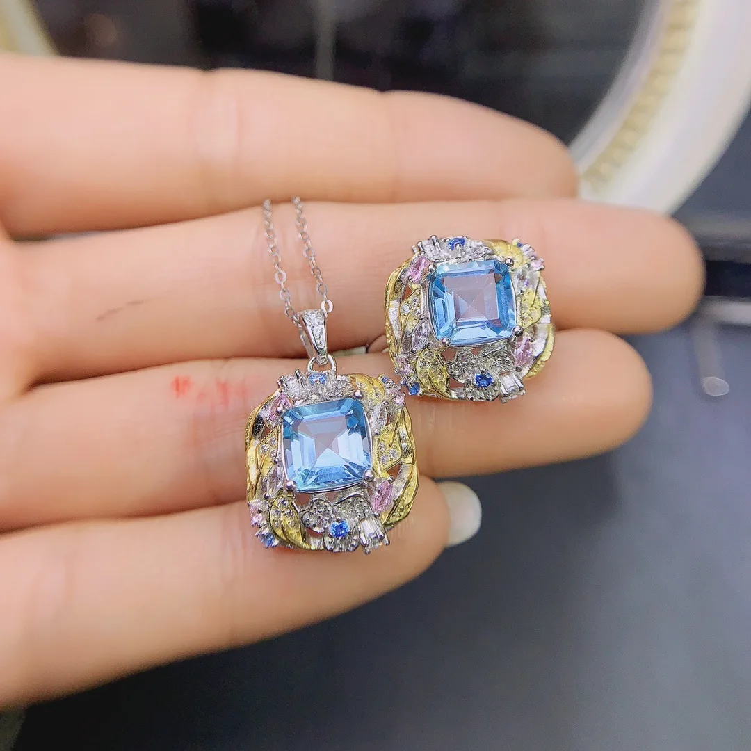 

KJJEAXCMY Girls' Jewelry 8x8mm Natural Blue Topaz Necklace Pendant Ring Set 925 Pure Silver Plated 18K White Gold Clearance Sale