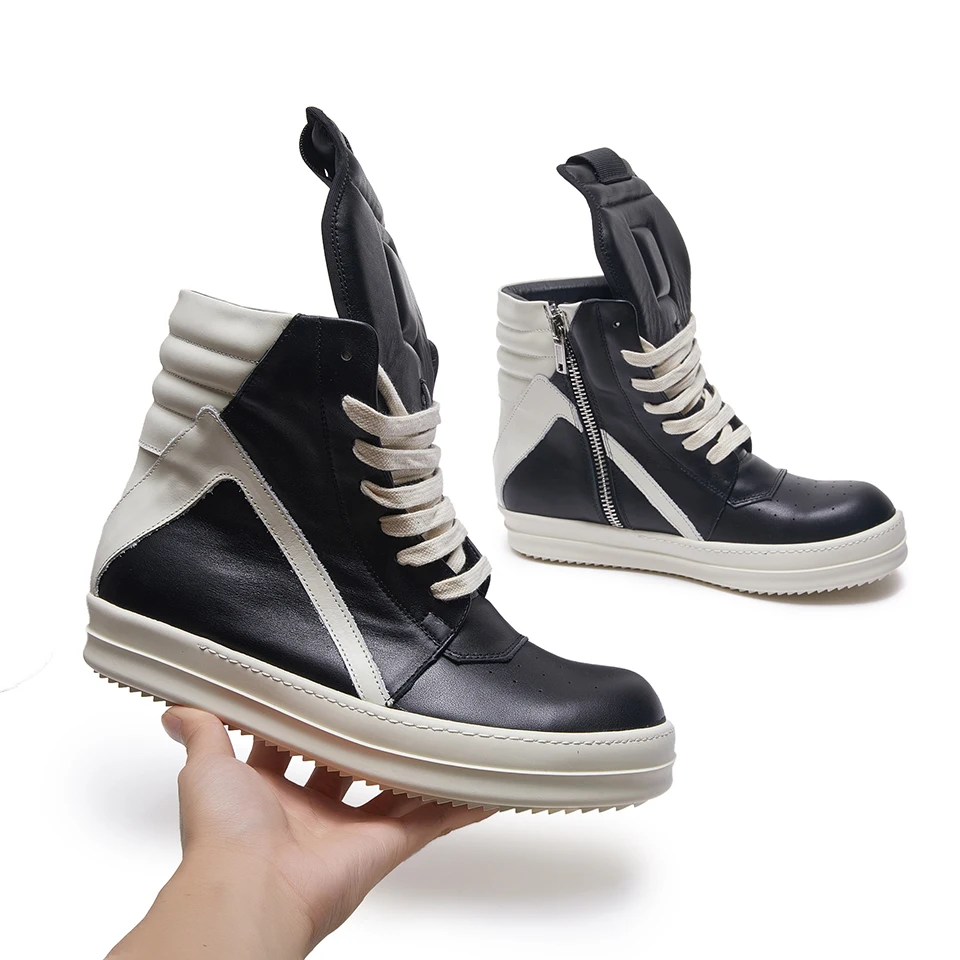 

Men’s High Top Leather Sneakers – Lace-Up Zipper Casual Shoes with Thick Sole, Designer Hip Hop Retro Boots, Unisex Streetwear