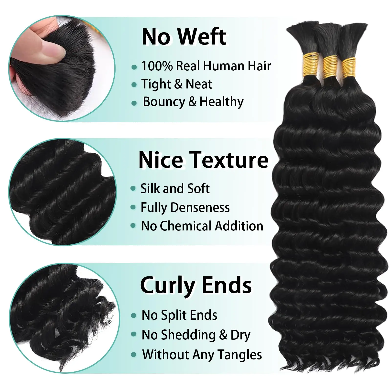 Human Braiding Hair 1 Bundle 50g/Pck  Deep Water Braiding No Weft 10A Brazilian Virgin Curly Human Hair Extensions 16-26inch #1B