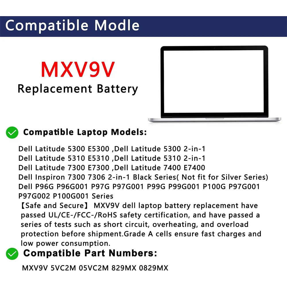 MXV9V Battery for Dell Latitude 5300 5310 7300 7400 E5300 E5310 E7300 E7400 Latitude 5300 5310 2-in-1 inspiron 7300/7306 2-in-1