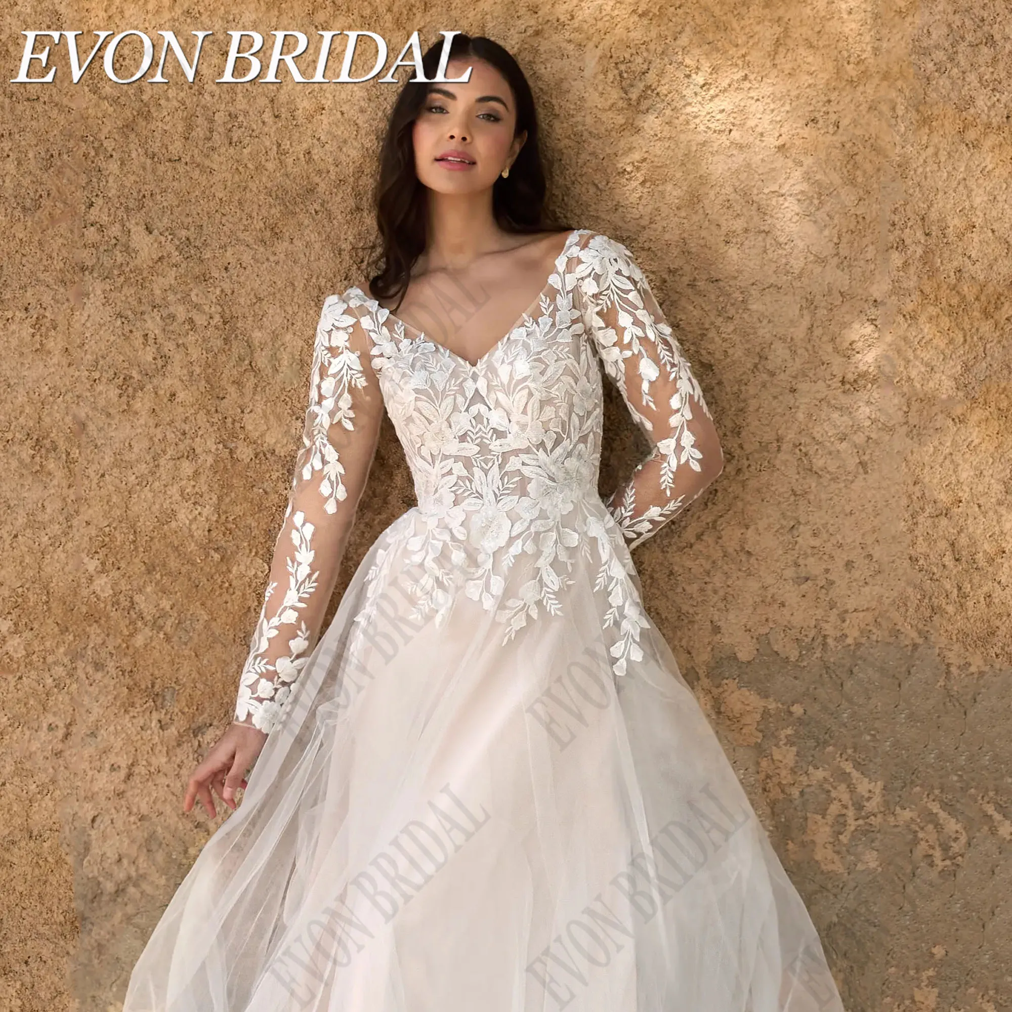 

EVON BRIDAL Свадебные платья больших размеров с открытой спиной и v-образным вырезом 2024, тюлевые платья трапециевидной формы с длинными рукавами, Vestidos De Novia, кружевные платья невесты с аппликацией