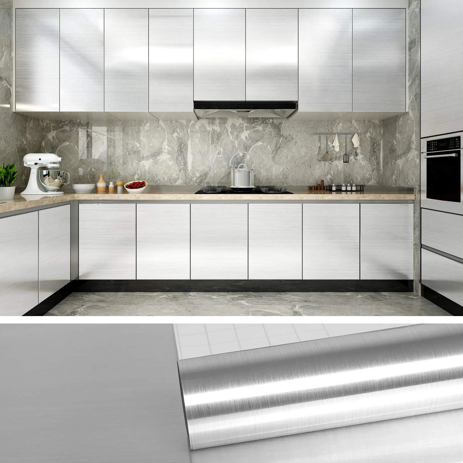 PVC-Edelstahl-Tapete aus gebürstetem Silber, dekorative Folie, wasserdicht und ölbeständig, Aufkleber für Küche, Kühlschrank, Schrank