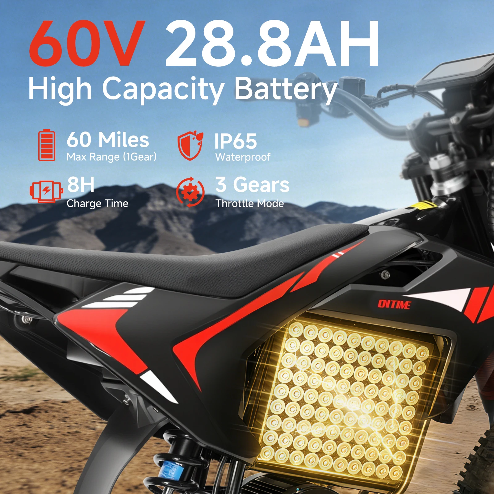 Electric Dirt Bike 4500W Peak&Up to 60 Miles 50MPH 60V 28.8Ah Battery E-Bike 14/12