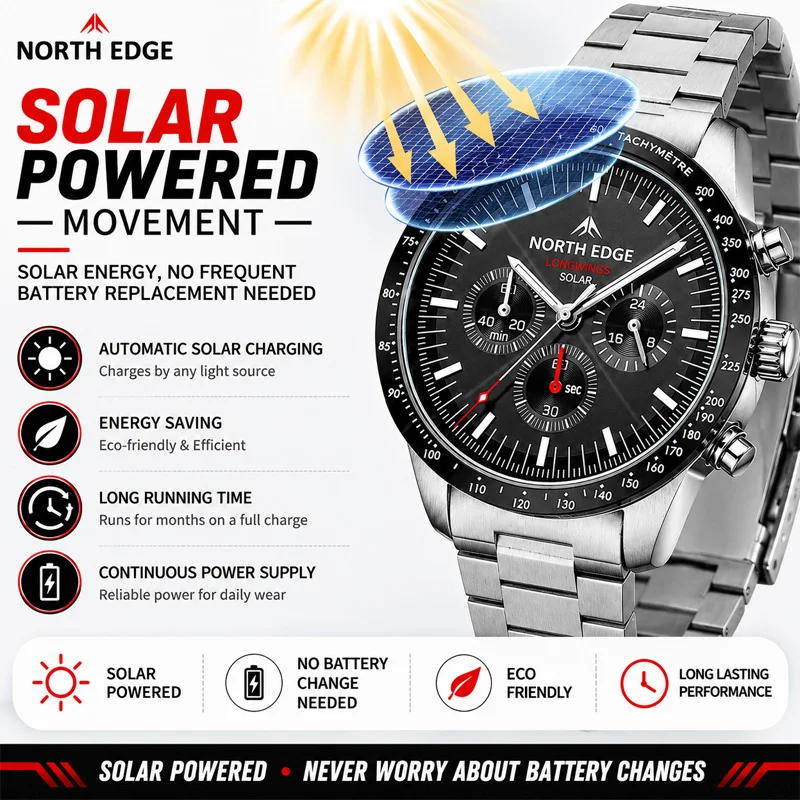 NORTH EDGE 2026 Men Quartz Watch Solar Powered Stopwatch Waterproof 50m 316 Full Stainless Steel Luminous Pilot Watch LONGWINGS