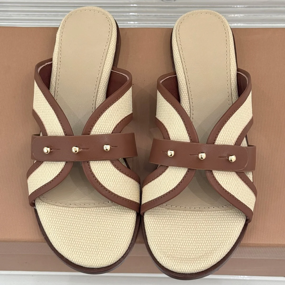 

2026 Women's Canvas & Leather Cross Strap Flat Slide Sandals, Elegant Slip-Ons for Summer Daily & Dating YYT26032016