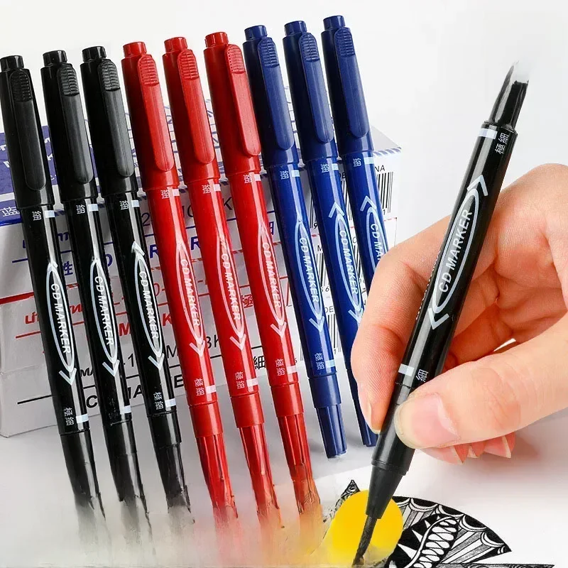 5/10 pçs ponta dupla marcador permanente preto/azul/vermelho caneta marcador de óleo fino nid