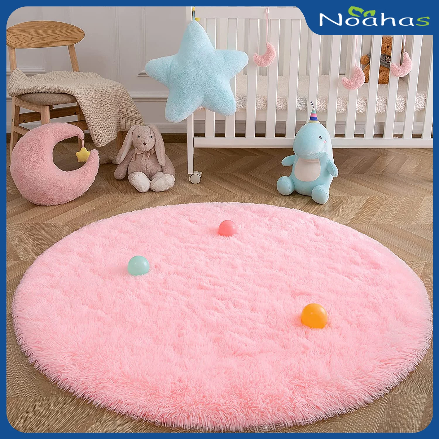 NOAHAS-Round Fluffy Area Rug for Bedroom, Living Room, Shaggy Rug for Boys and Girls, Fuzzy, Princess Castle, Nursery Room