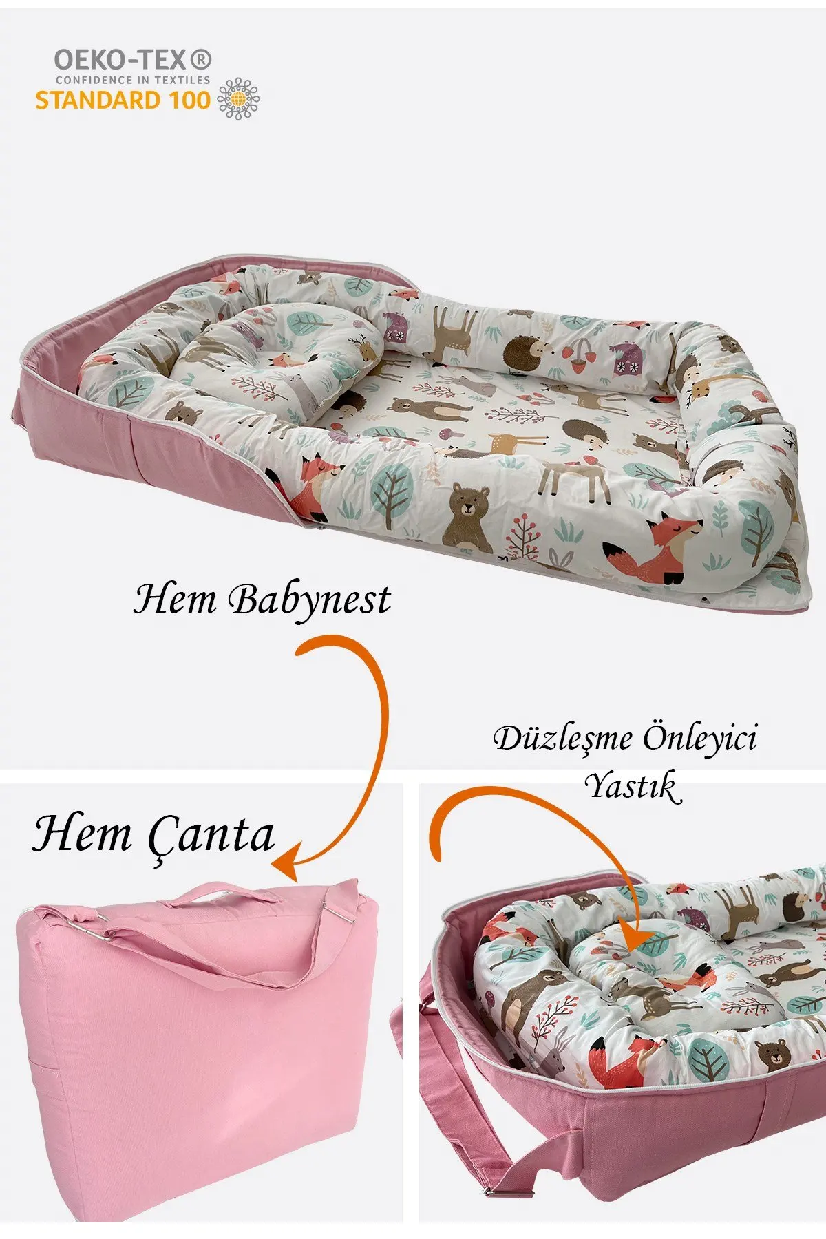 

Babynest Baby Bag Portable Mother's Bed with Handmade Pink Forest Pattern Bag