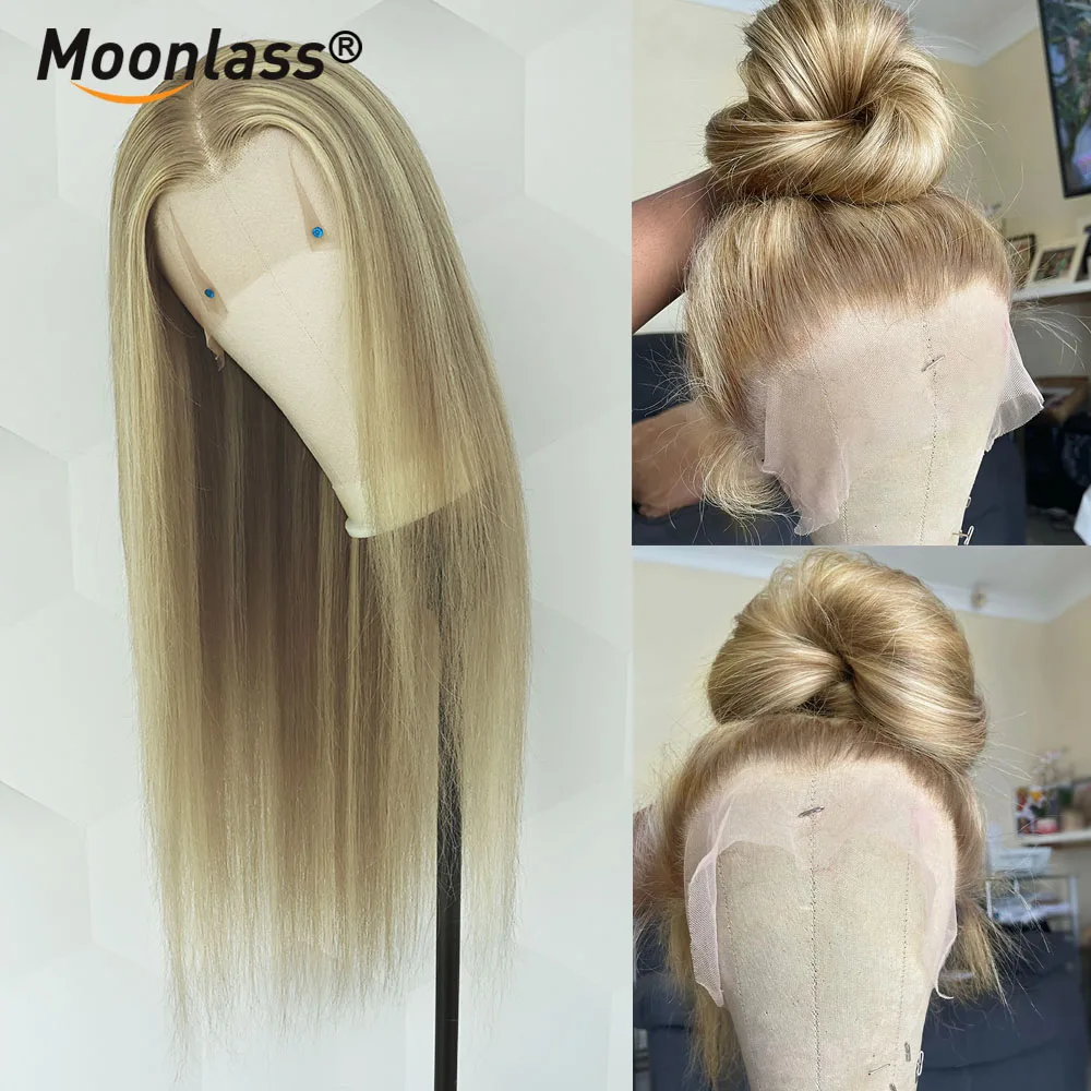 

Highlights Ash Blonde Straight Wigs 100% Human Hair 200% Density Natural Hairline Remy Wigs 13x6 Transparent Lace Front Wigs