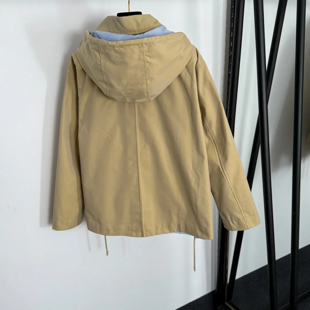 

2025 Early Autumn Women's Jacket Windbreaker Fake Two-Piece Striped Splicing Long-Sleeved Hooded Windbreaker Coat