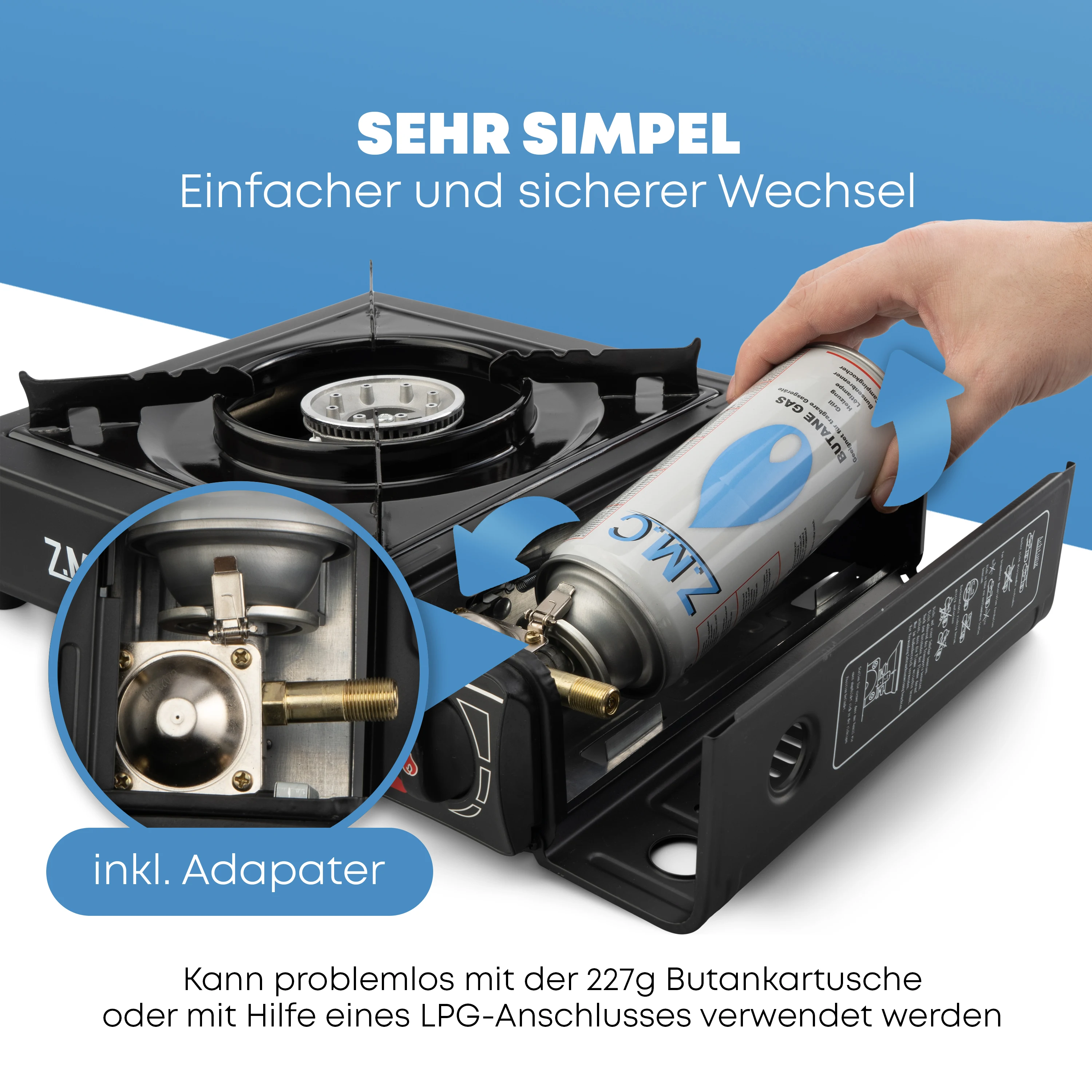 ZMC Gaskocher 1-flammig inkl. 4 Butan Gaskartuschen 227g und Adapter für LPG + Aufbewahrungskoffer, Campingkocher für Outdoor und Innenraum, Campinggaskocher 2,2 kW mit Piezozündung – Detail 2
