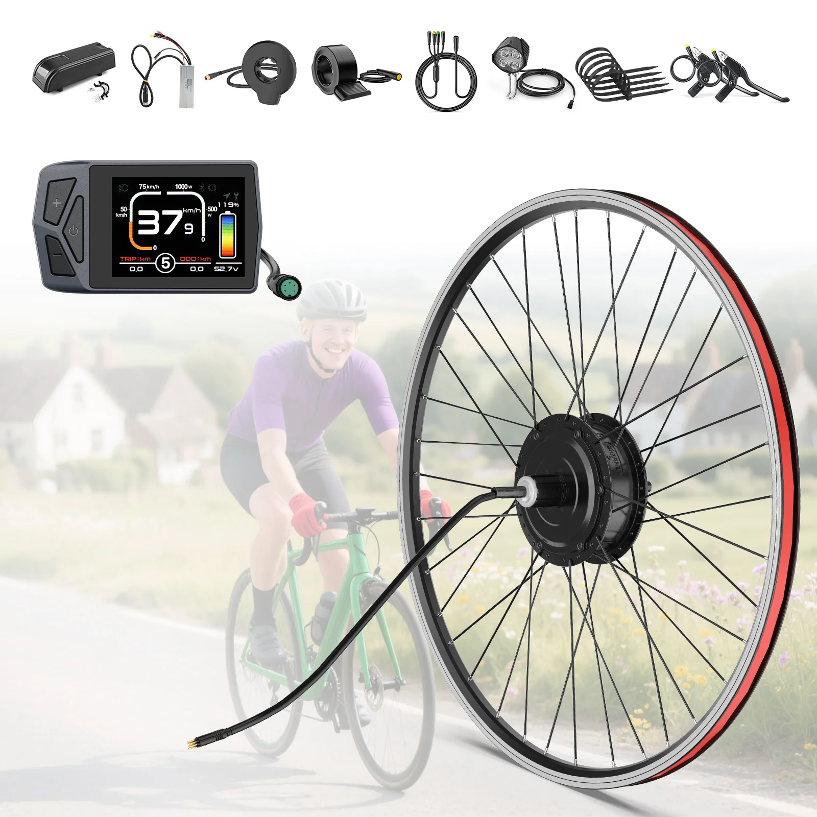 Kit di conversione per bicicletta elettrica con motore a mozzo con freno a V, anteriore e posteriore, 48V 500W, motore brushless con ingranaggi, per ruote da 20'', 26'', 27,5'', 28'', 29'' e 700C