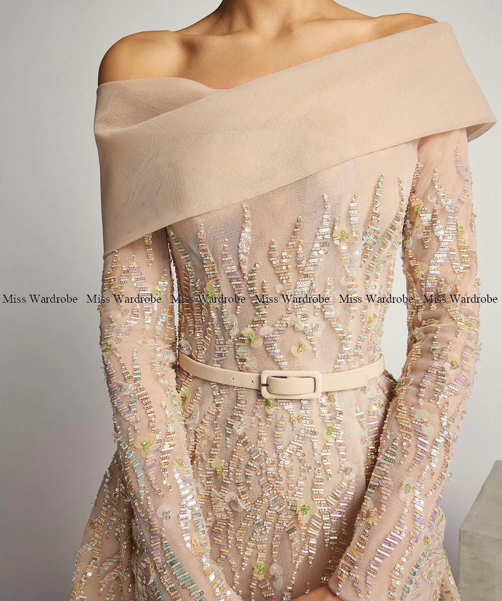 Nude Color Sequin Evening Dresses Off The Shoulder Beading Long Sleeves Tulle A Line Slit Floor Length Formal Prom Party Gowns