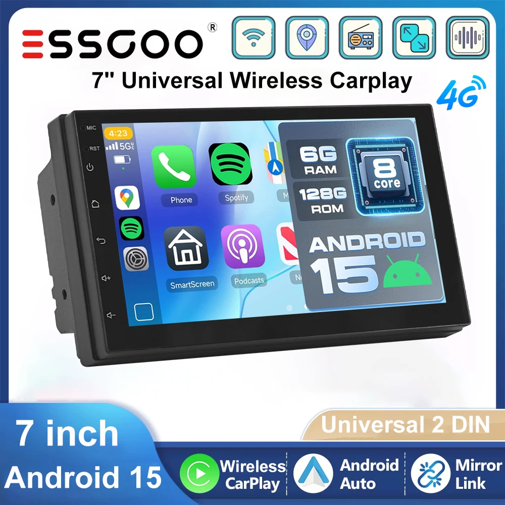 ESSGOO Stereo auto universale da 7 pollici Android 15 6+128G CarPlay wireless portatile 2DIN Android Auto GPS NAVI RDS ASP FM WIFI 4G Bluetooth Mirror Link controllo al volante multimediale schermo