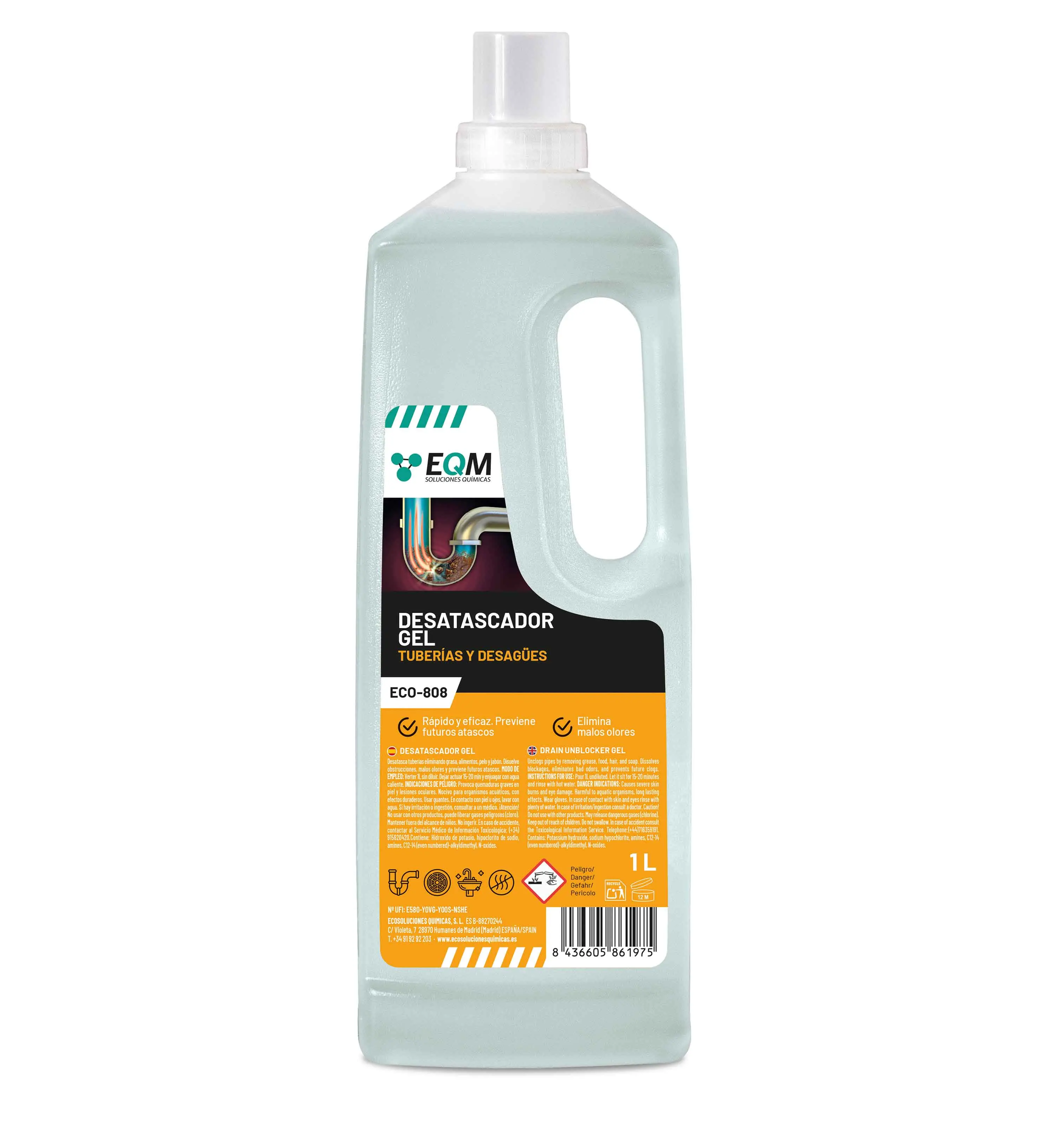 EQM - ECO-808 - Desatascador Profesional de Tuberías - 1L - Fórmula en gel para atascos difíciles - Acción rápida y eficaz