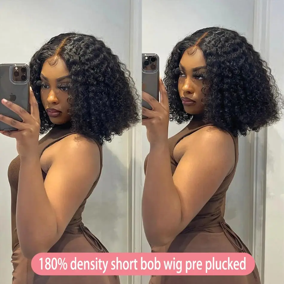 13x4 Deep Wave Bob Wigs Human Hair 180% Density Short Bob Wig Natural Black 10 Inch Deep Curly Transparent Lace Frontal Wig # 1B