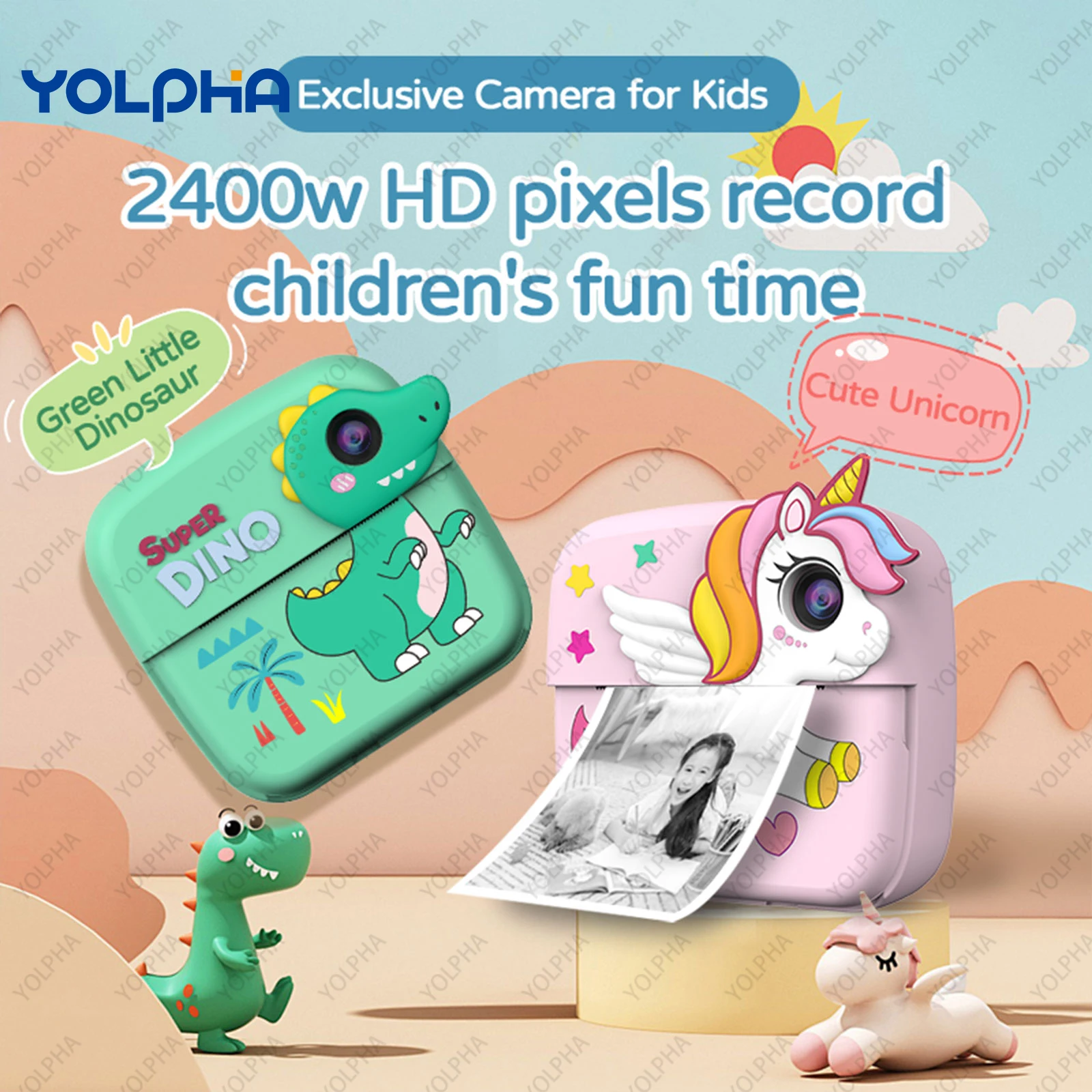 Kids Print Camera HD 1080P Instant Printer Dinosaur Unicorn Up Card Selfie Digital Camera Portable Kids Toys Birthday Gift