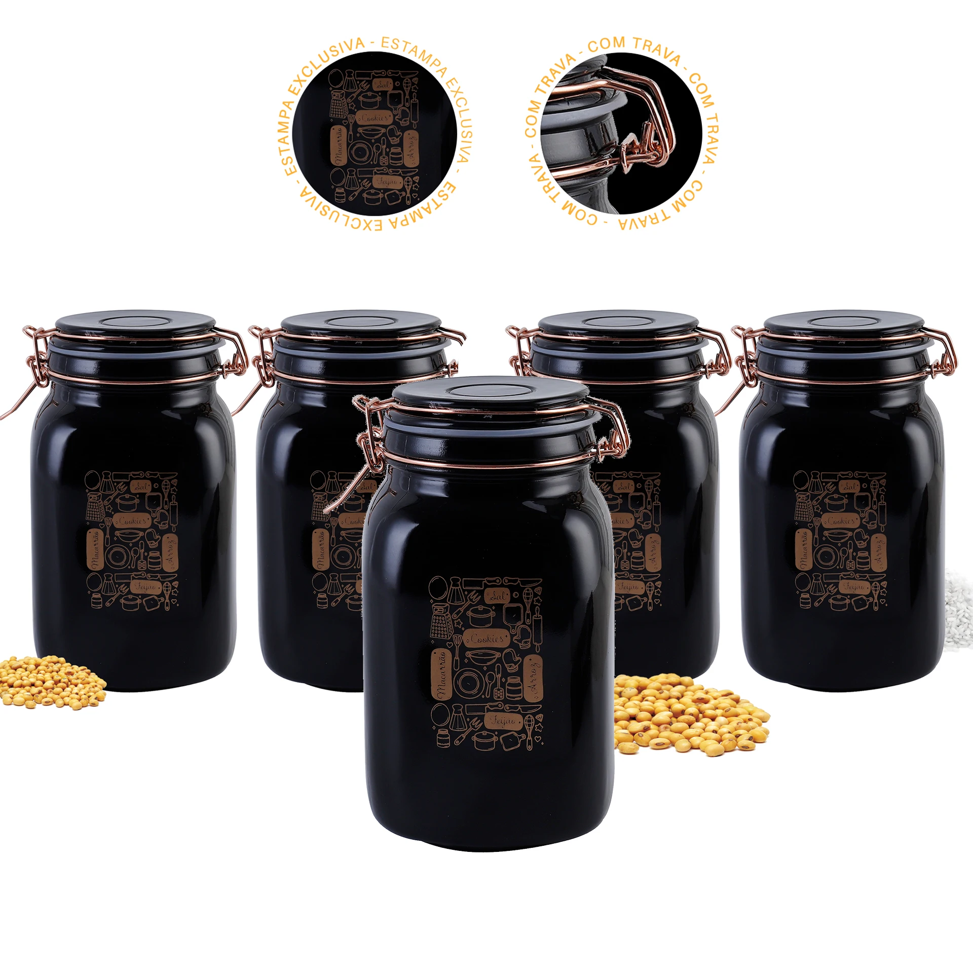 Potes Para Mantimentos De Vidro 2,2 Litros Kit C/5 - Dolce Home