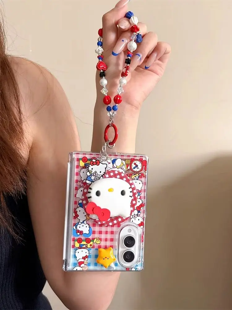 Koreańskie etui na telefon z motywem kreskówkowego kota w kratę, z magnetycznym uchwytem, do Samsung Galaxy Z Fold 8 Ultra, Fold 7, Fold 6, Fold 5, z funkcją podstawki Magsafe i łańcuszkiem. — zdjęcie produktu 7