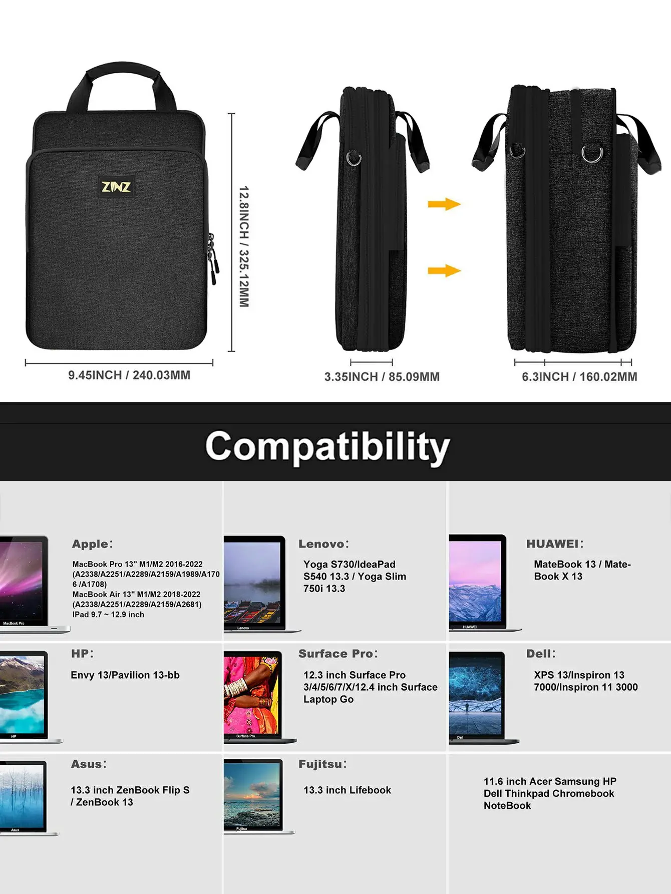 12.9-13 inch Laptop Shoulder Bag with Variable Capacity and Strap, Carry Case for Travel with Valuables & Notebook Compartment