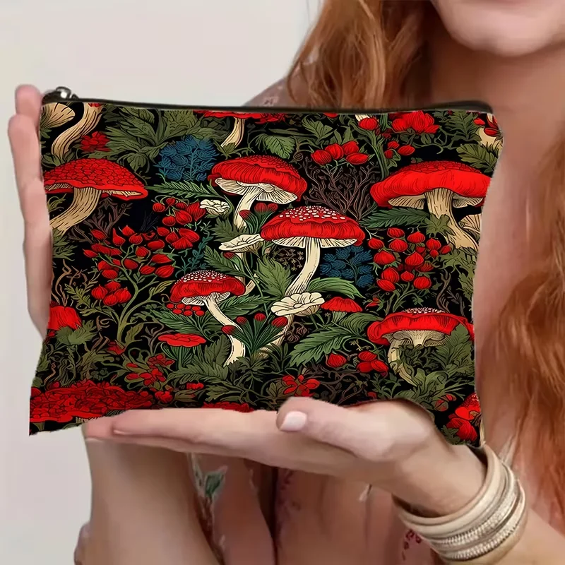 1Pc Bright Red Mushroom Retro Design Makeup Bag, Snack Storage Bag, Stationery Storage Bag, Fashionable Toiletry Bag, Canvas Double-Sided Printing, Multifunctional Travel Storage Bag view 5