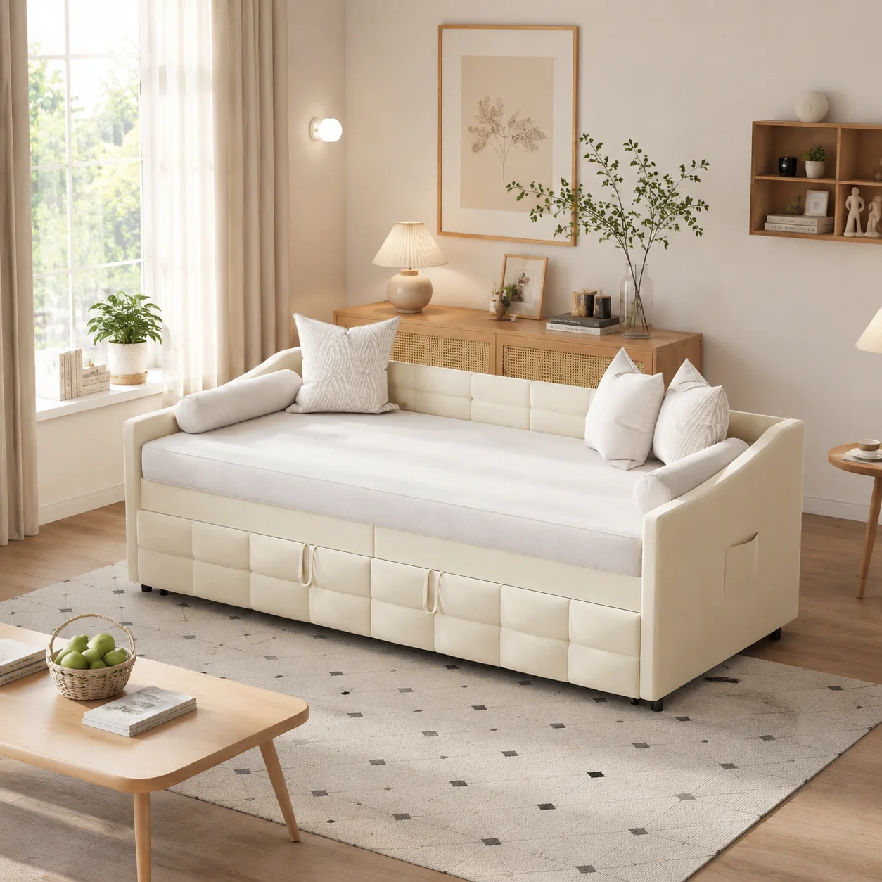 Canapé-lit escamotable, canapé-lit multifonctionnel qui se transforme en lit d'appoint, doté d'un cadre de lit à bande et de compartiments de rangement latéraux. Ce canapé-lit de style scandinave minimaliste convient aux petits appartements et aux salons.