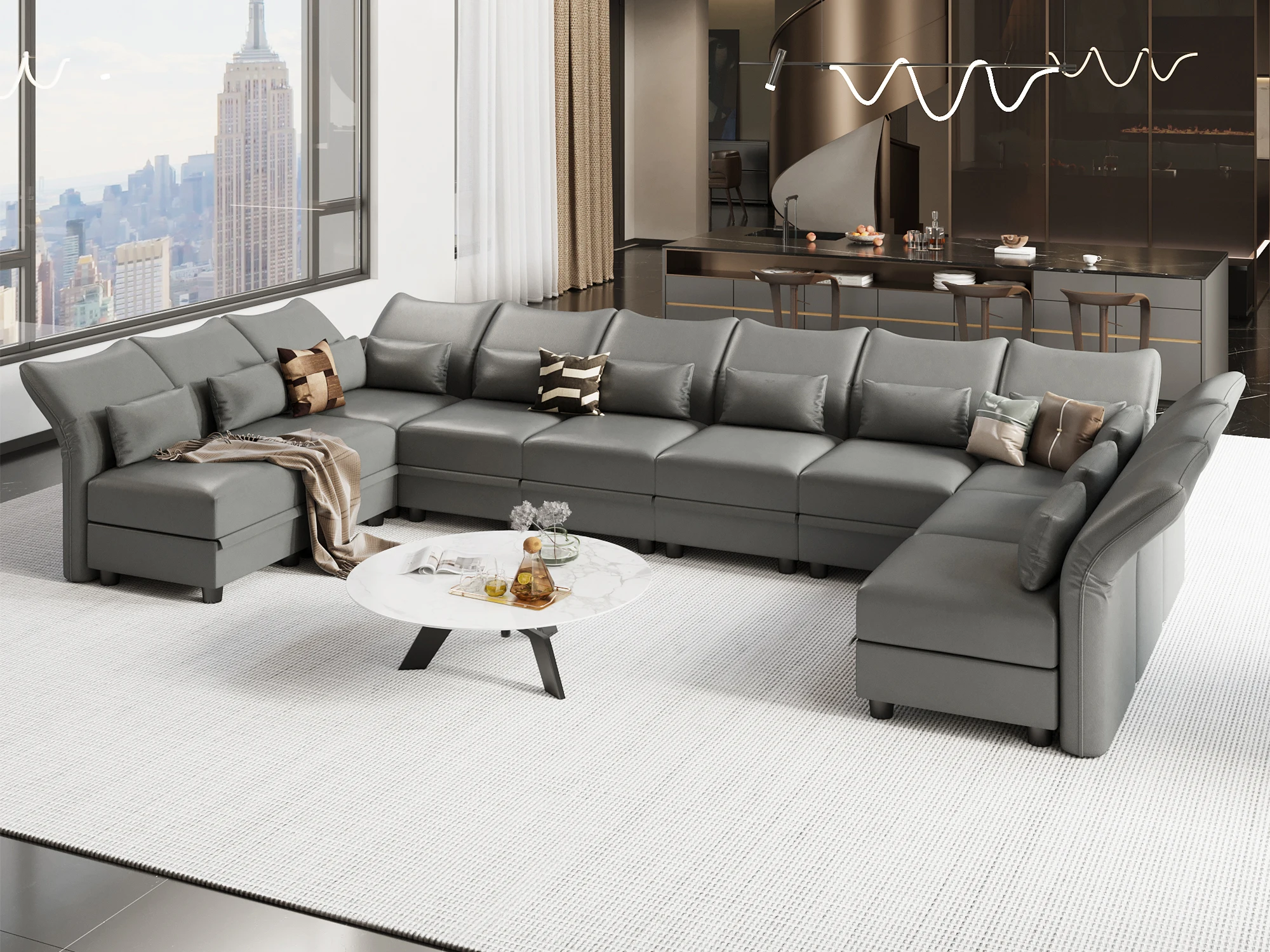 Oversize 10 Seat U Shaped Leather Sectional Couch, Grey Modular Faux Leather Sectional Sofa,Grey