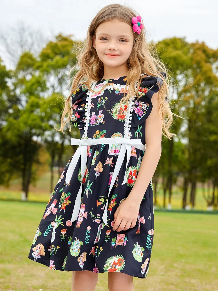 Summer dress black floral printed exotic princess  swing dress for girl