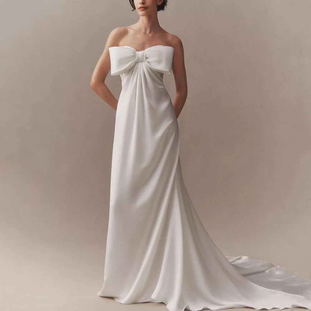 

Customized Wedding Dress Simple Strapless Bow Bride Gowns Chiffon Beach New Arrival Simple Zipper Gown Vestidos De Novia