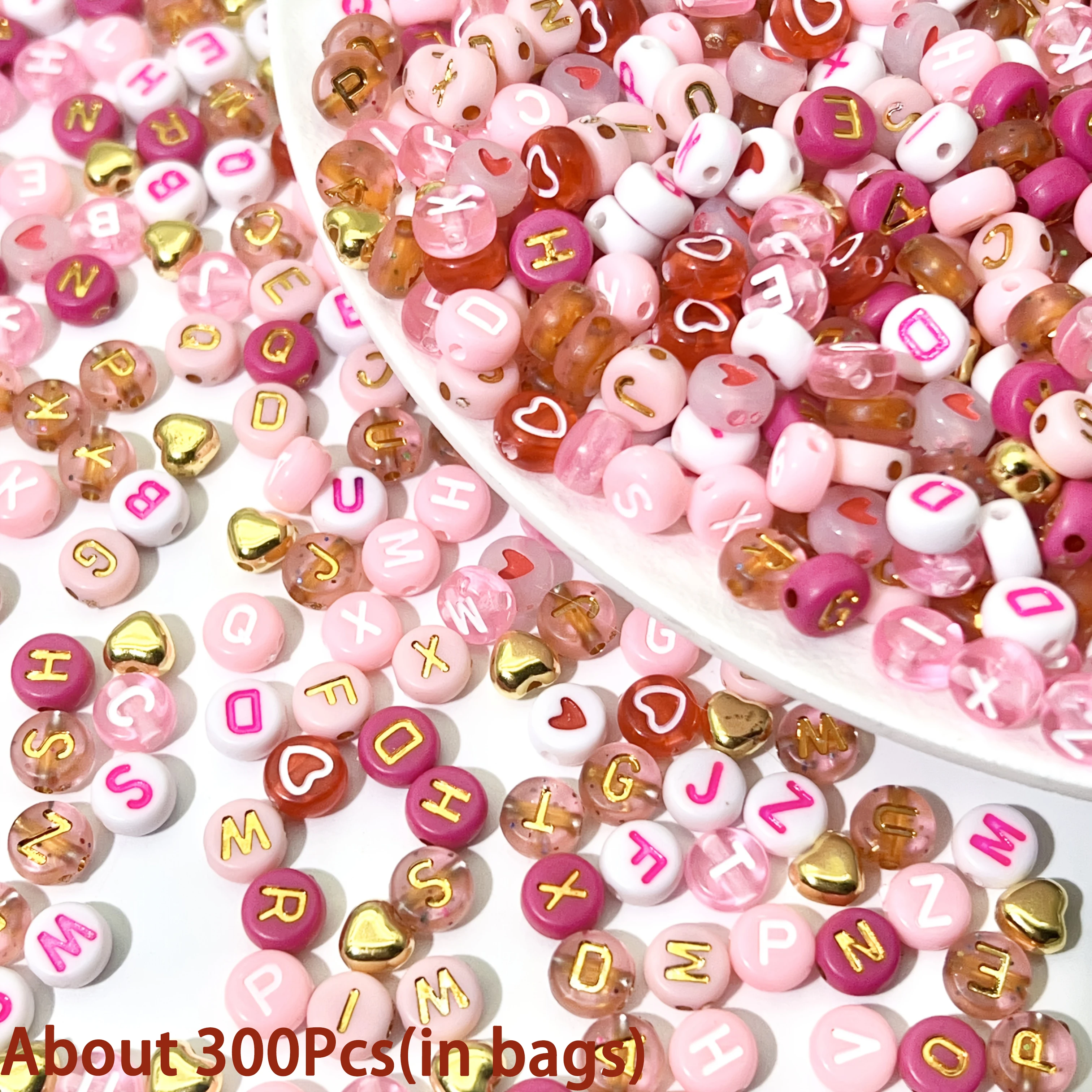 300/840 Stück rosa, rot und weiß, goldenes Buchstaben- und Herz-Acrylperlen-Set – Schmuckherstellungsset für DIY-Armbänder, Halsketten