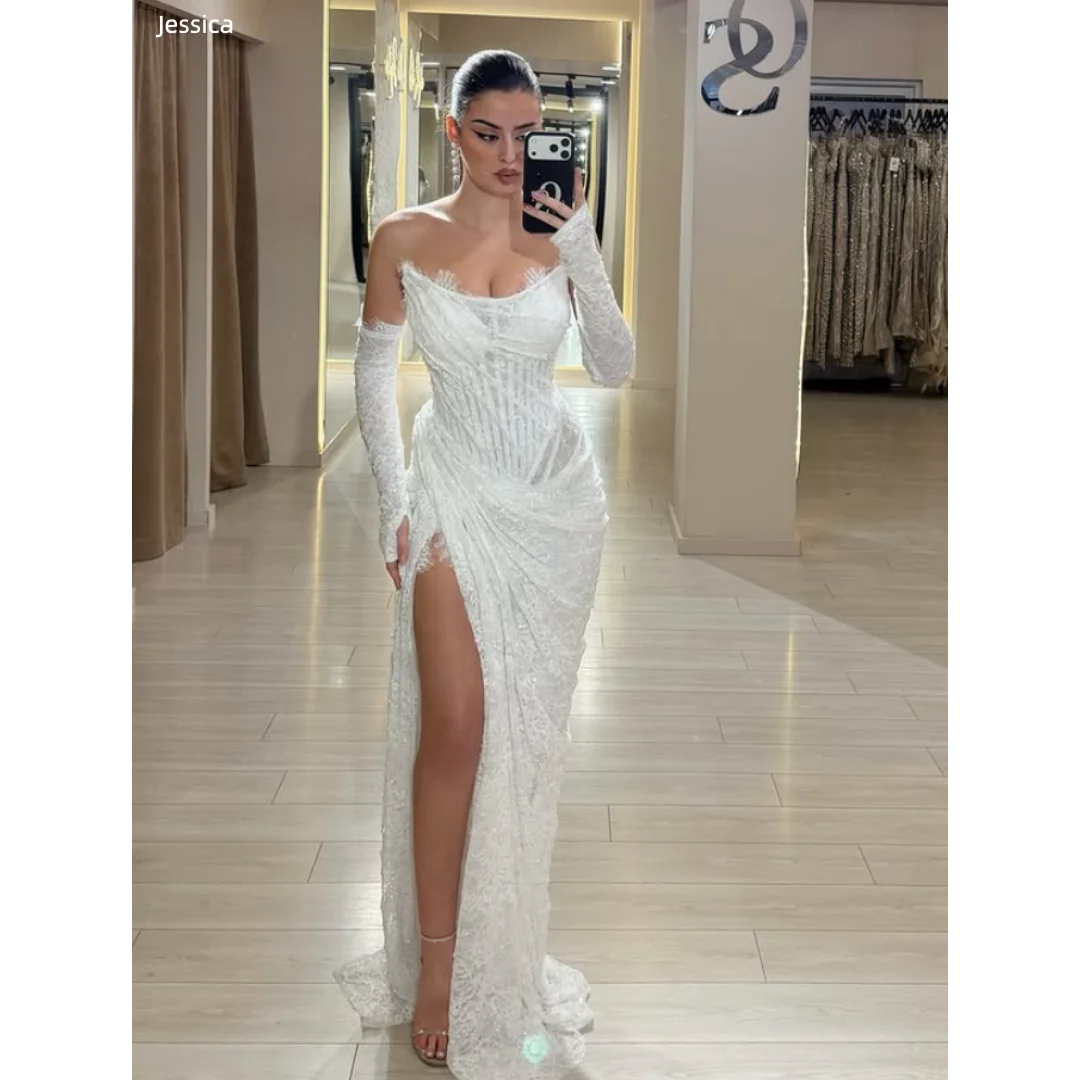 

Jessica Magnificent White Evening Dresses Lace-Embroidered Long Sleeves Prom Dresses Sexy Side Slit Party Dresses