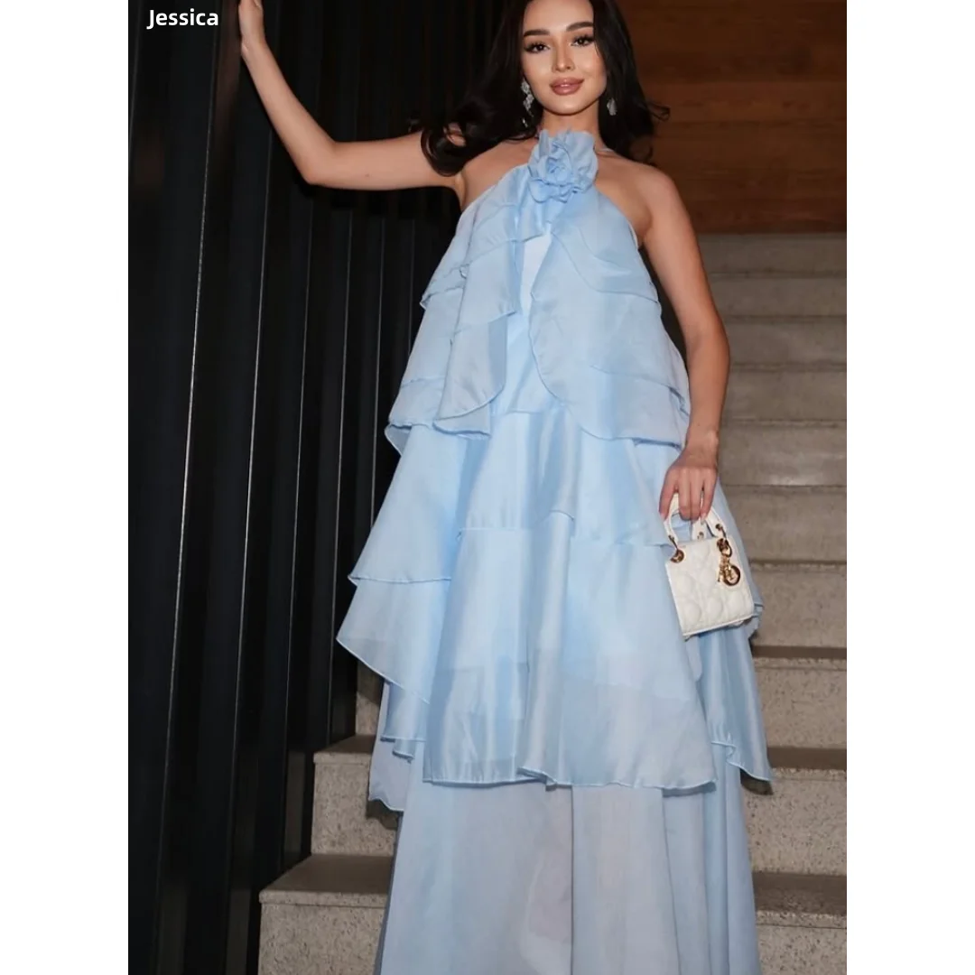 

Jessica Flower Halter Neck Evening Dresses Blue Organza Layering Prom Dresses A-line Women Wedding Party Dresses Customized