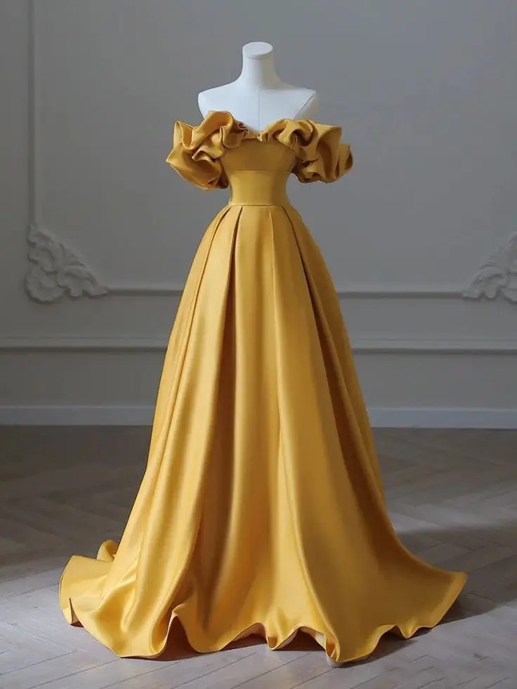 Gold Evening Dresses Bright Yellow Off Shoulder Prom Dress Simple Formal Party Gowns Custom Made Sweep Train P2461