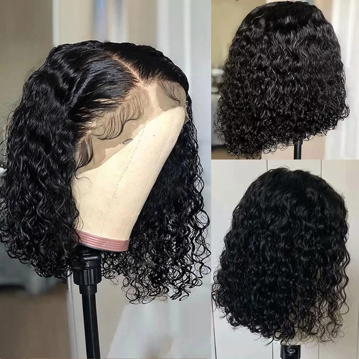 Brazilian Deep Wave Lace frente peruca, cabelo humano virgem, curto Bob perucas, pré arrancadas com cabelo do bebê, linha fina natural, 13x4 HD, 16"