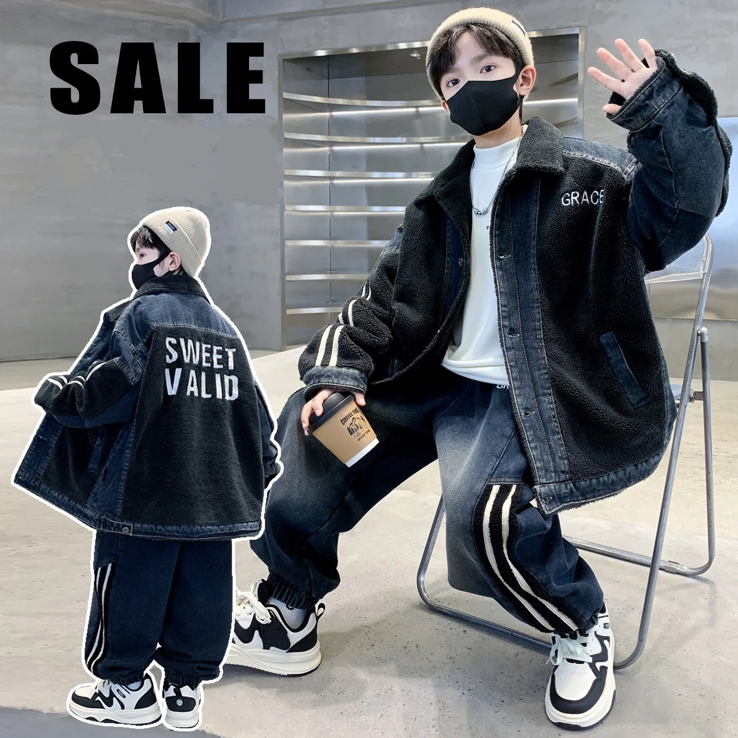 Boys' Trendy Stripe Denim Jacket And Loose Fit Pant Set Warm Fall Winter Daily Wear Warm Coat And Pant for Children