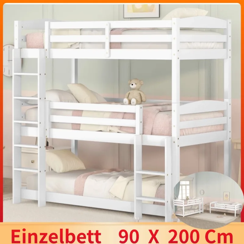 Triple room bed 90*200 cm, solid wood panels, loft bed, high fence design, children's bed, wooden bed, white