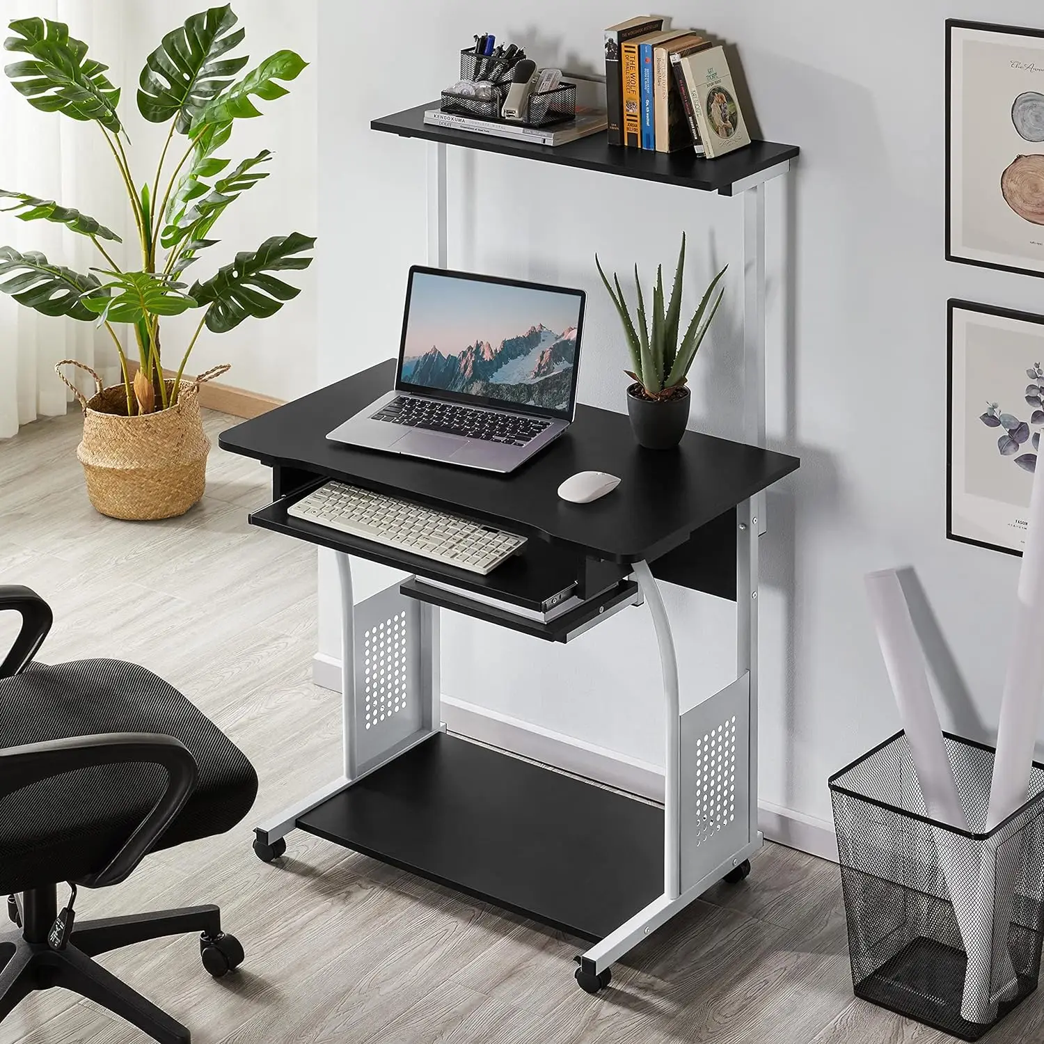 3 Tiers Mobile Computer Desk with Printer Shelf & Keyboard Tray Rolling Computer Desk for Small Spaces