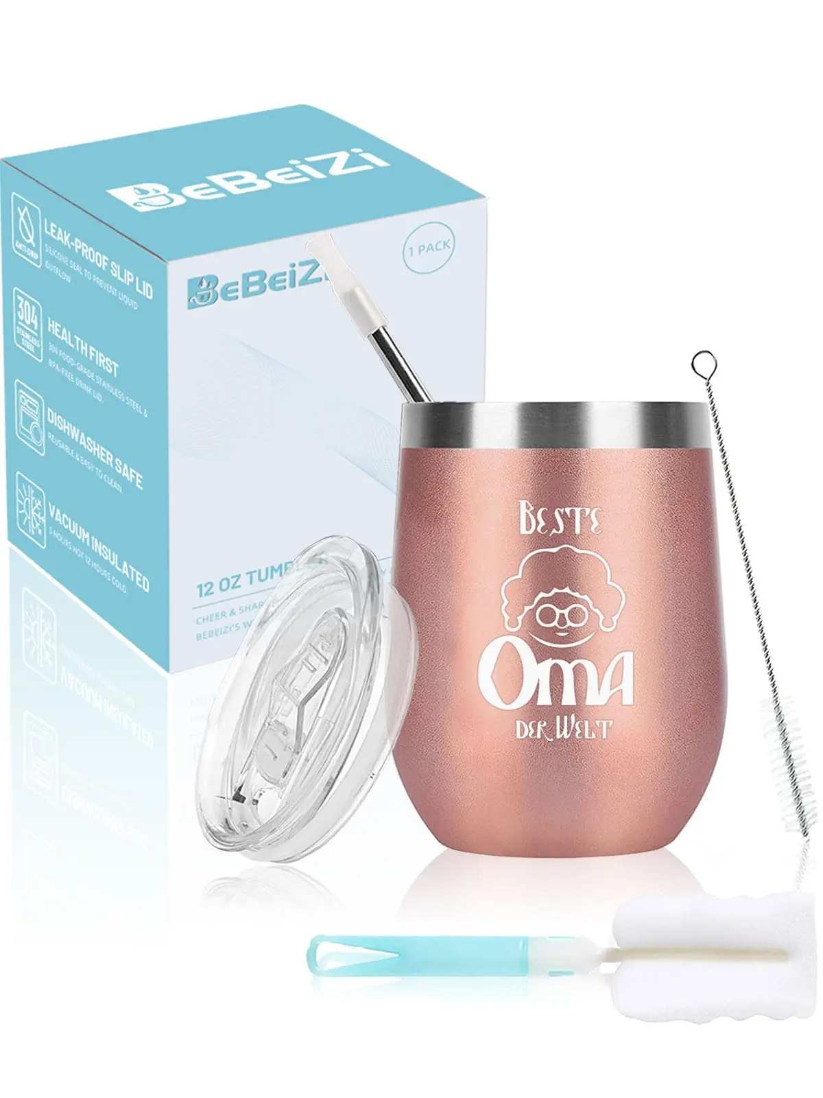 Geschenke für Oma, Edelstahl Weinglas mit "Beste Oma der Welt". Vakuumisoliert Thermobecher to go mit Deckel und Strohhalm, Geburtstagsgeschenk für Frauen, Weihnachtsgeschenke, 350ml