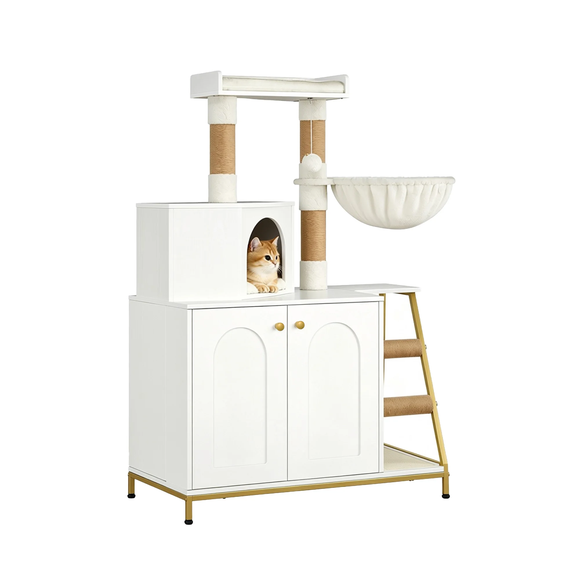 Tiragraffi per gatti 4 in 1 con lettiera, casa moderna bianca per gatti da 4 piedi con piattaforma, con tappetino in sisal, pali, scale e pompon, cuscini lavabili