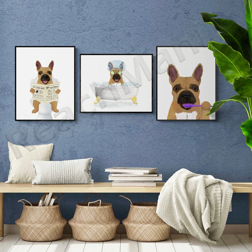 French bulldog in bathroom, brown french bulldog with toothbrush, dog on toilet, dog illustration, dog love gift poster