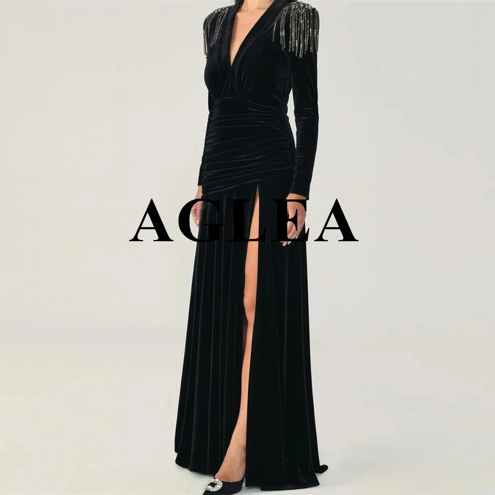 AGLEA 2024 gaun Prom gaun malam Arab Saudi elegan V-neck A-line gaun panjang lantai berlian imitasi rumbai Velour disesuaikan