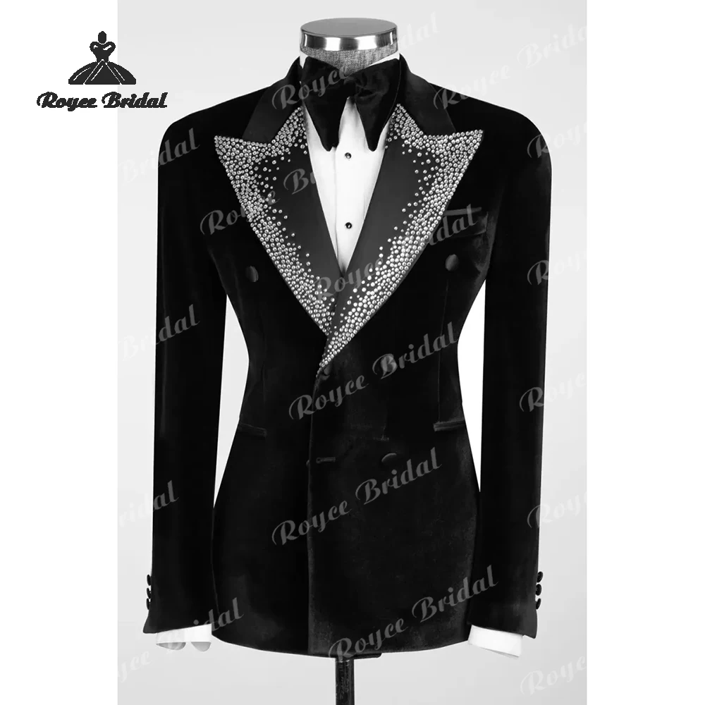

Двухсекционный свадебный мужской костюм с кристаллами, черный бархат, двубортный свадебный костюм с пиковыми лацканами, наряд для выпускного вечера, костюм homme mariage