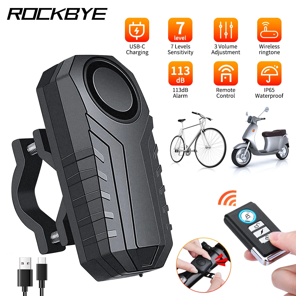 

Rockbye Wireless Bike Alarm USB Rechargeable 113dB Anti-theft Alarm Waterproof Remote Bike Security Protection Anti-theft Alarm