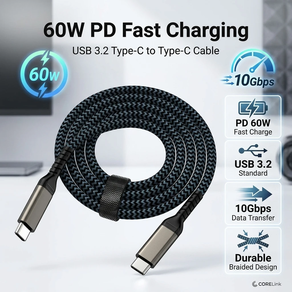 10Gbps USB C to USB C Cable PD 60W Fast Charging Data Cord 30CM 50CM 1M 2M 3M for iphone 17 16Laptop SSD Hard Drive MacBook iPad