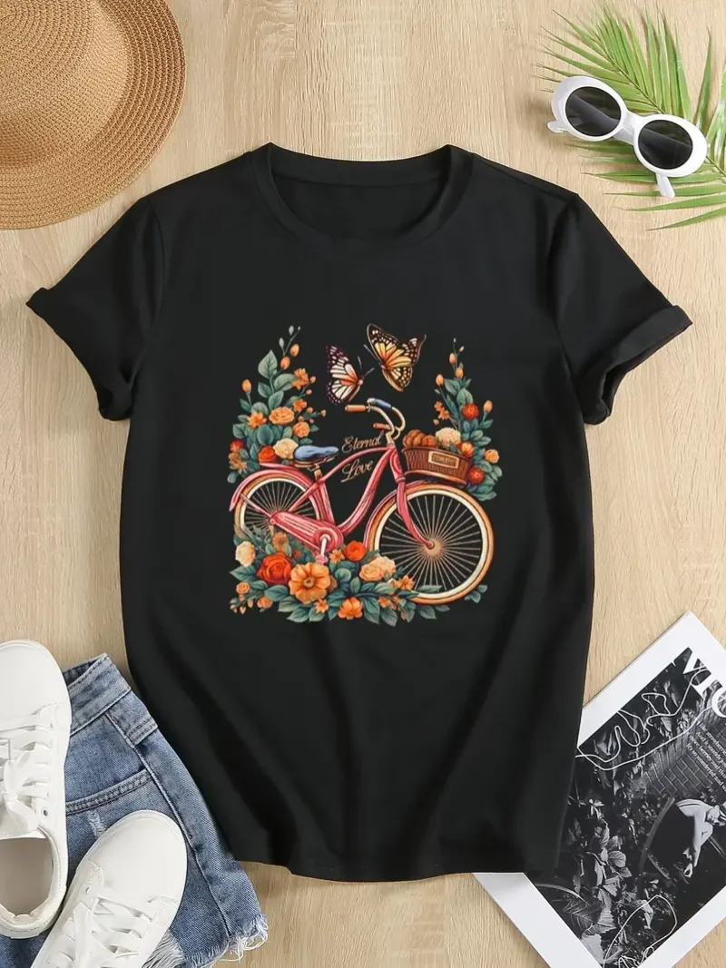 Butterfly  Bike  Print Crew Neck T-Shirt Casual Short Sleeve T-Shirt For Spring  Summer Women\'s Clothing