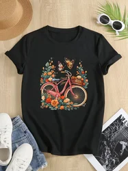 Butterfly  Bike  Print Crew Neck T-Shirt Casual Short Sleeve T-Shirt For Spring  Summer Women's Clothing