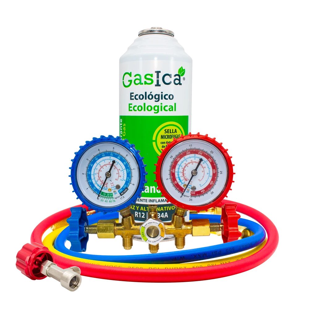 Pack bottles Gas refrigerant organic Gasica D2 substitute R12/R134a plus Kit hoses with pressure gauge recharge air conditioning