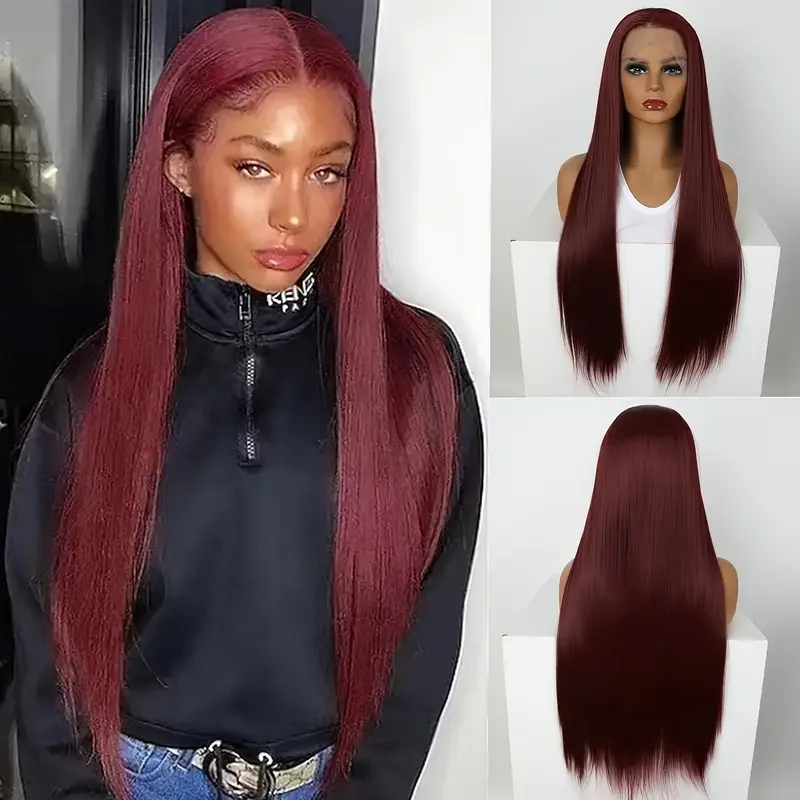 

Burgundy lace wig for women, heat-resistant synthetic fiber, long straight style, 13x4 lace area, suitable for casual wear