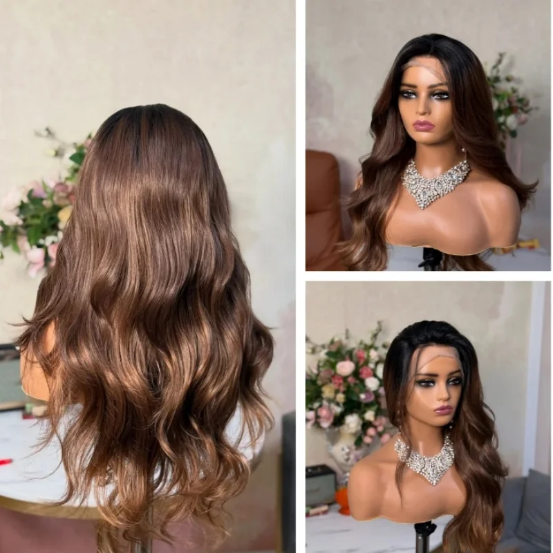 Парик с объемной волной от черного до коричневого цвета для женщин, натуральный парик из натуральных волос, парик высокой плотности, кружевной передний парик